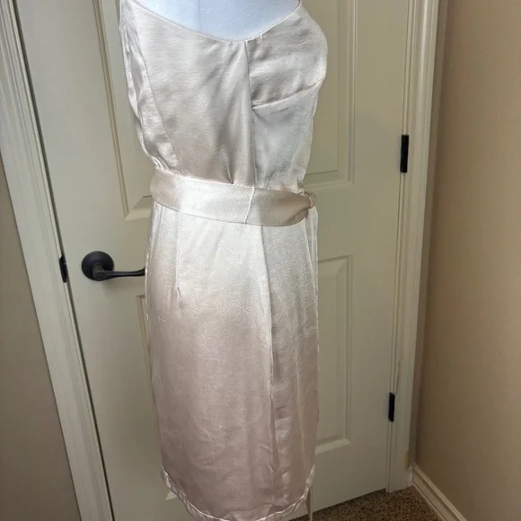 NWT Aakaa Champagne One Shoulder Lined Mini Dress w/ Ruffle Accent and Tie Belt - Picture 6 of 16